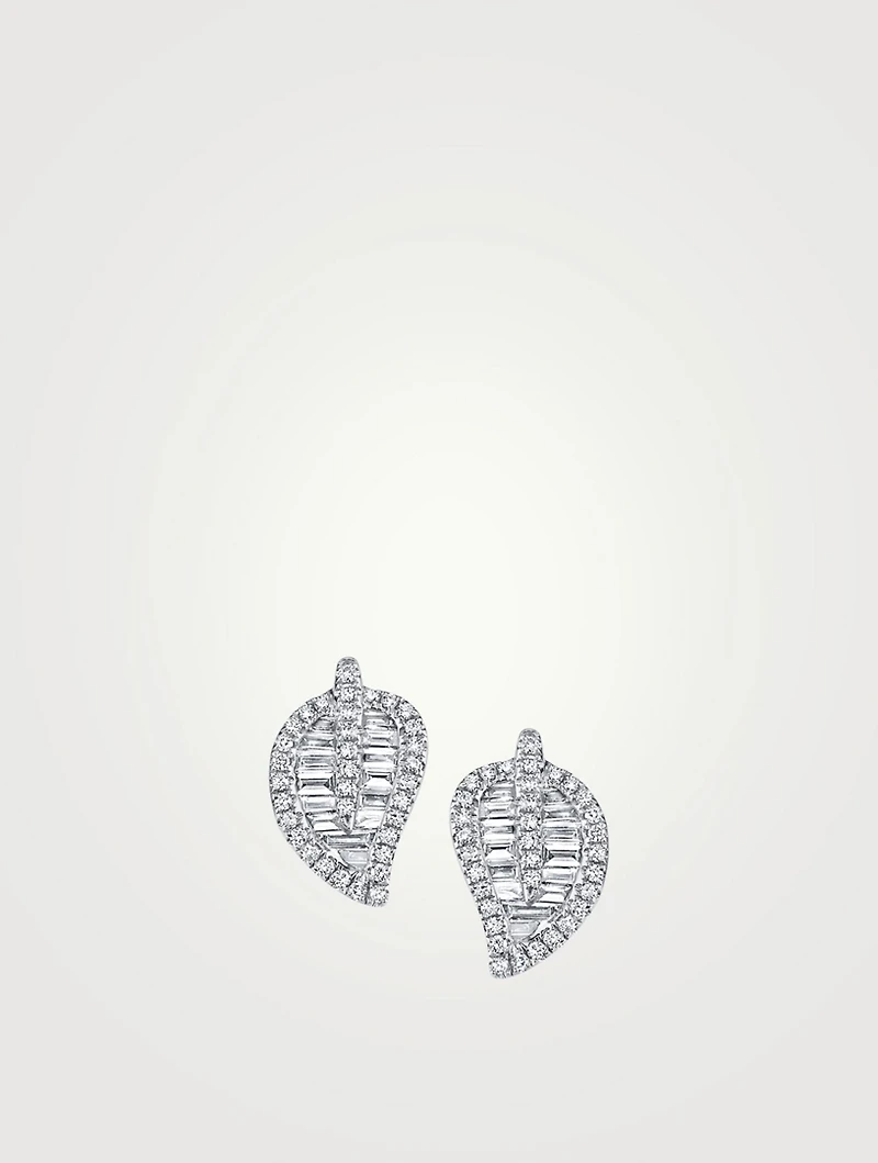 Medium 18K Gold Leaf Stud Earrings With Diamonds