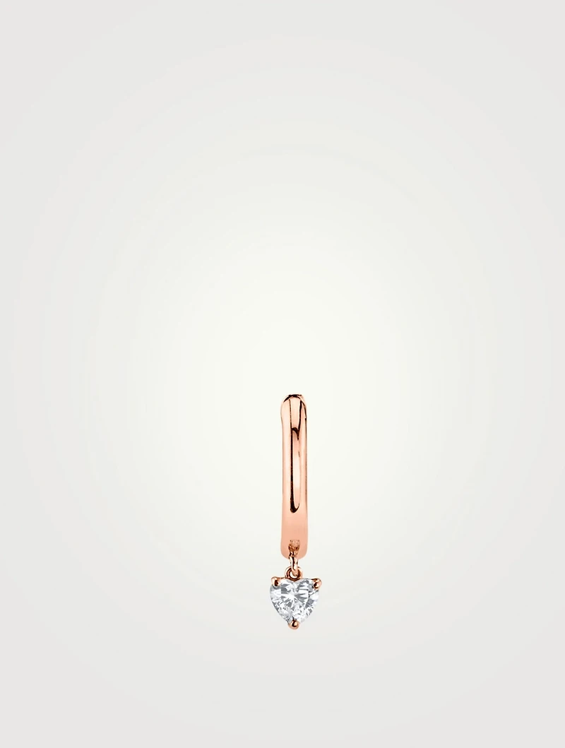 18K Rose Gold Huggie Hoop Earring With Heart Diamond Drop