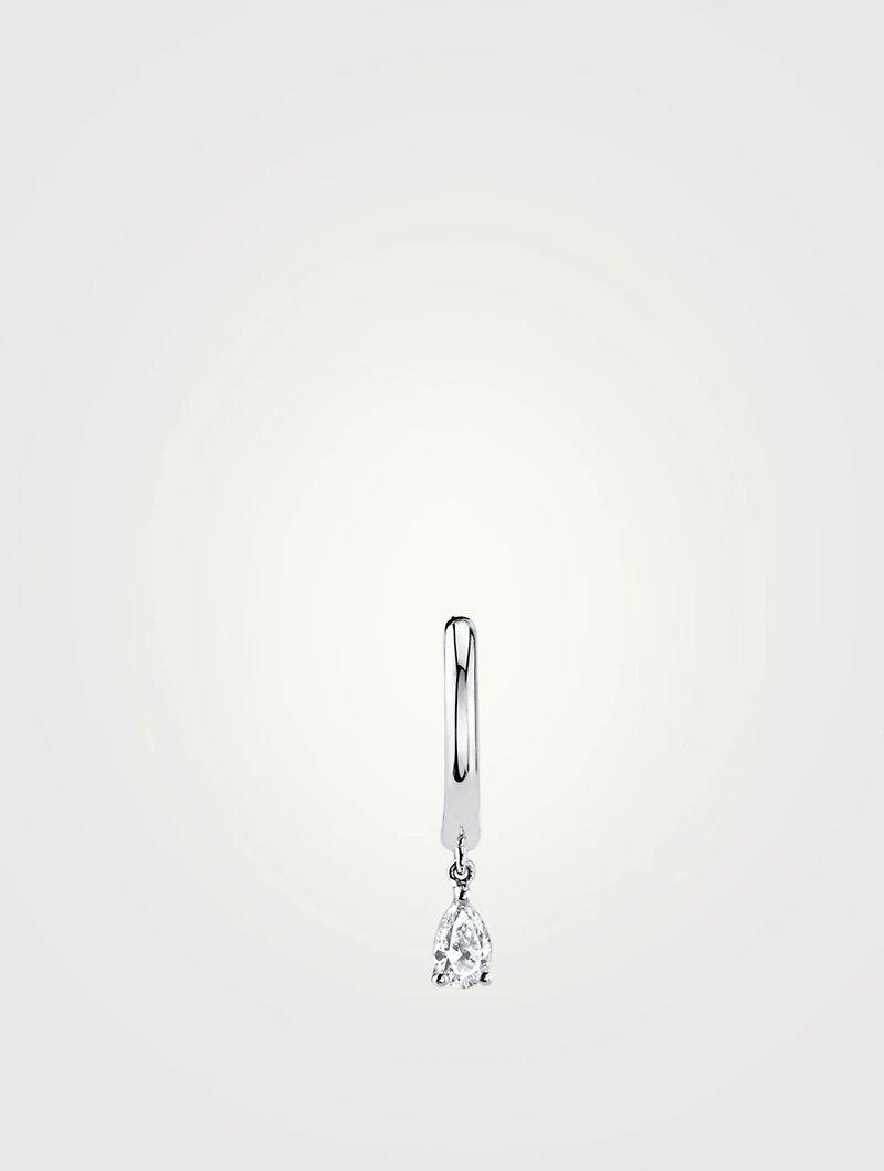 18K White Gold Huggie Hoop Earring With Pear Diamond Drop