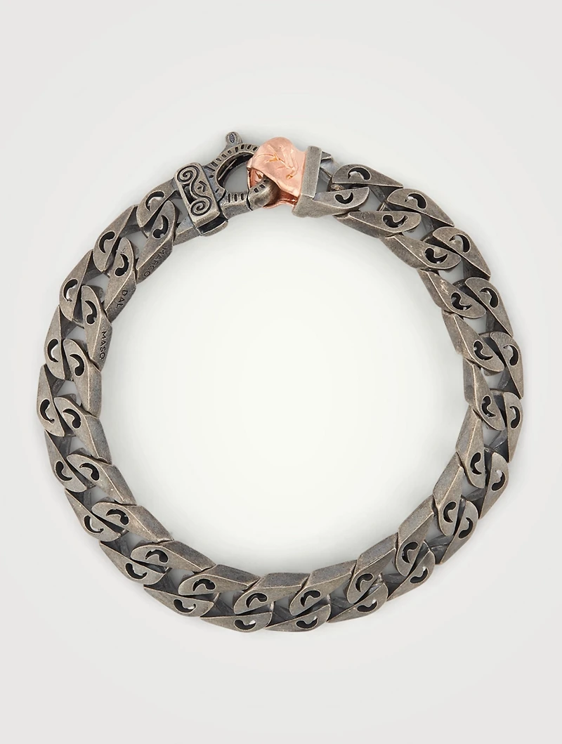 Flaming Tongue Logo Silver Link Bracelet With Black Diamonds