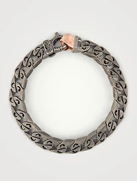 Flaming Tongue Logo Silver Link Bracelet With Black Diamonds