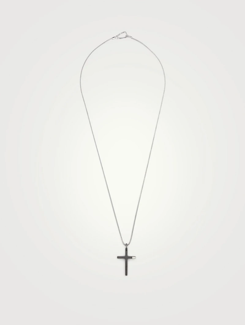 The Cross Black And White Silver Thin Pendant Necklace With Ivory Enamel