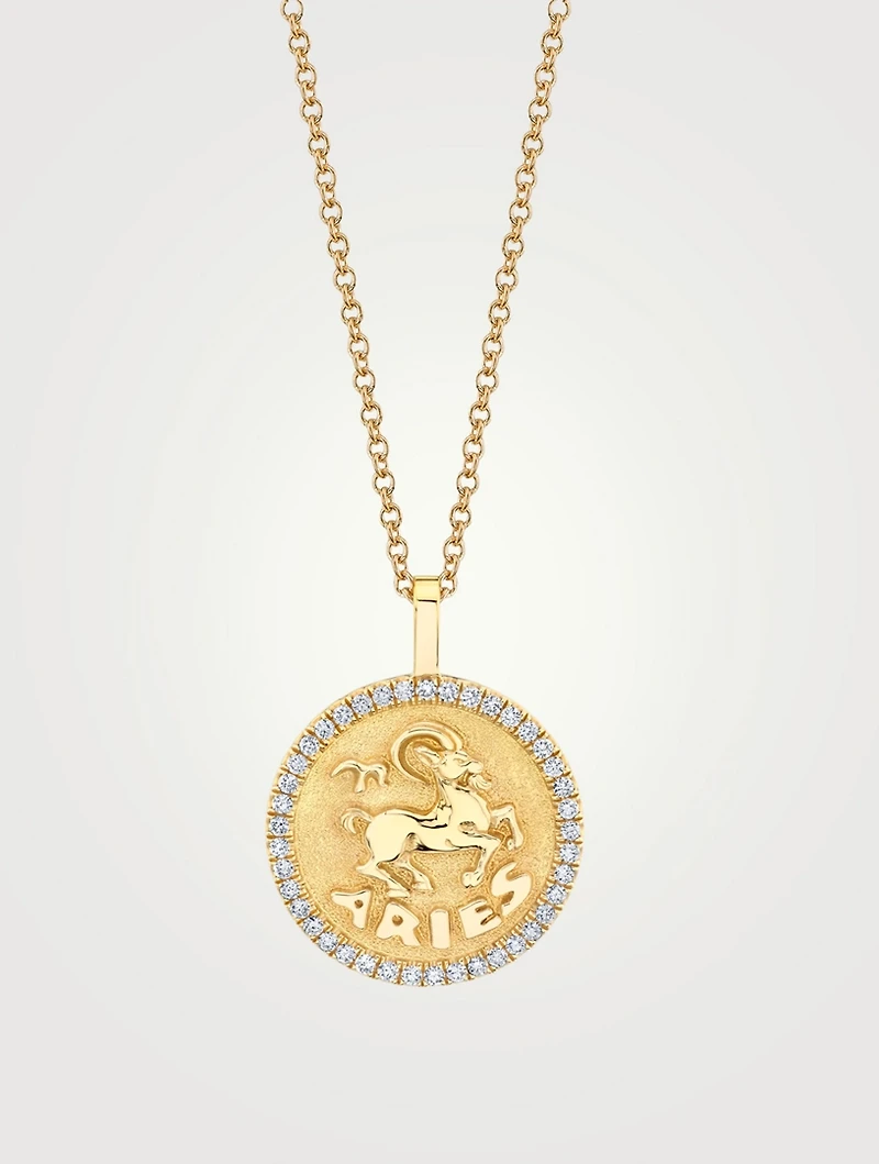 18K Gold Zodiac Aries Coin Pendant Necklace With Diamonds