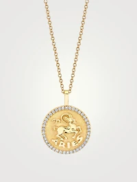 18K Gold Zodiac Aries Coin Pendant Necklace With Diamonds