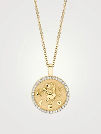 18K Gold Zodiac Leo Coin Pendant Necklace With Diamonds