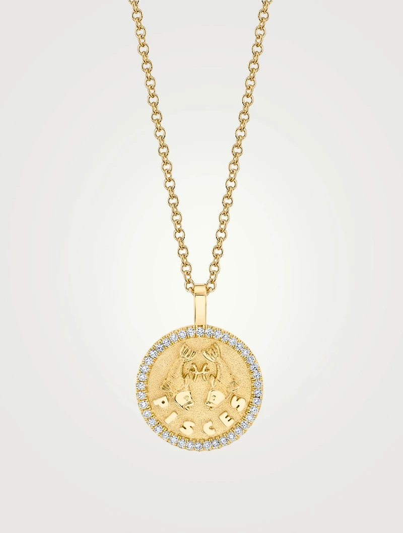 Small 18K Gold Zodiac Pisces Coin Pendant Necklace With Diamonds