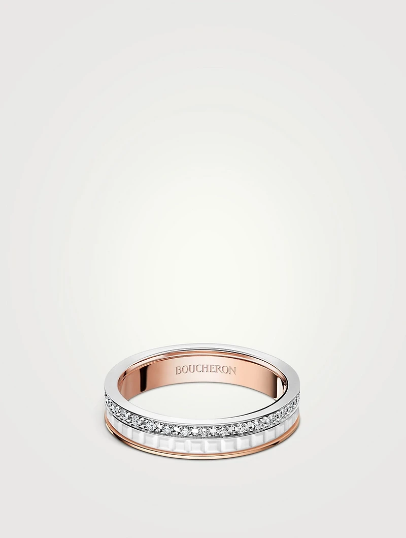 White Edition Quatre White And Rose Gold Wedding Band With White Ceramic And Diamonds