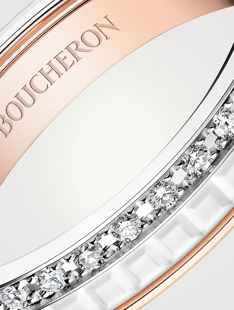White Edition Quatre White And Rose Gold Wedding Band With White Ceramic And Diamonds