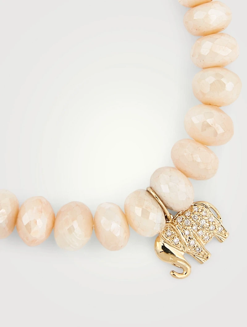 Moonstone Beaded Bracelet With 14K Gold Diamond Elephant Charm