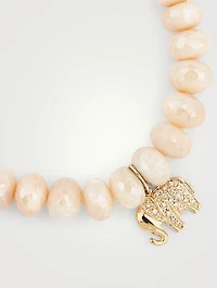 Moonstone Beaded Bracelet With 14K Gold Diamond Elephant Charm