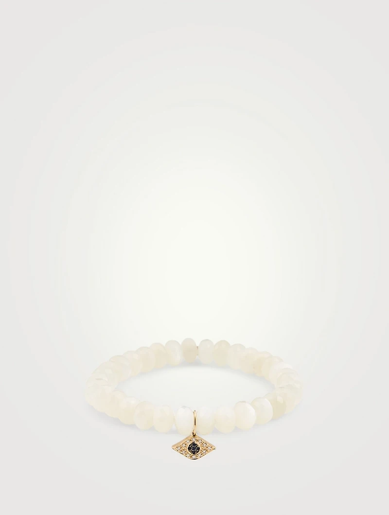 Moonstone Beaded Bracelet With 14K Gold Diamond Evil Eye Charm