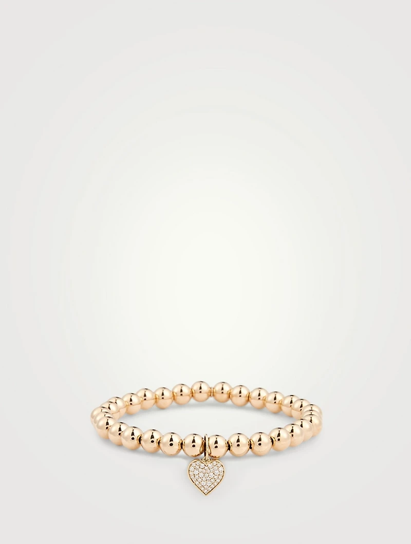 14K Gold Beaded Bracelet With Diamond Heart Charm