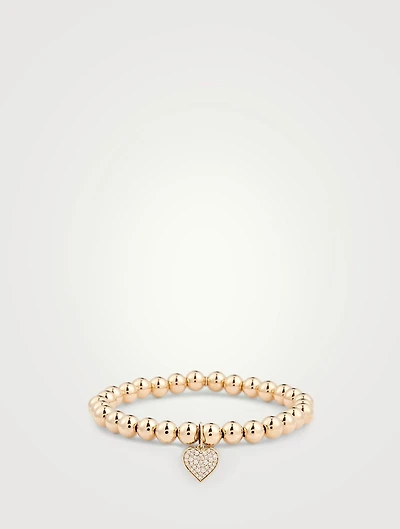 14K Gold Beaded Bracelet With Diamond Heart Charm
