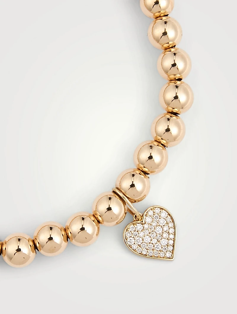 14K Gold Beaded Bracelet With Diamond Heart Charm