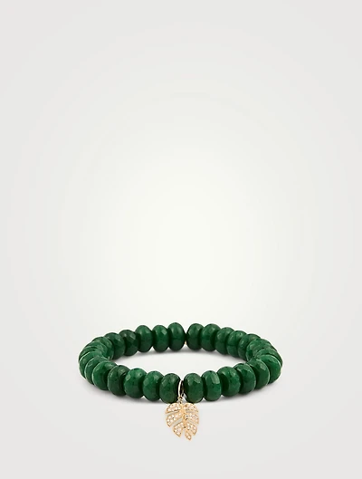 Beaded Bracelet With 14K Gold Diamond Monstera Leaf Charm