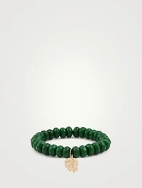 Beaded Bracelet With 14K Gold Diamond Monstera Leaf Charm