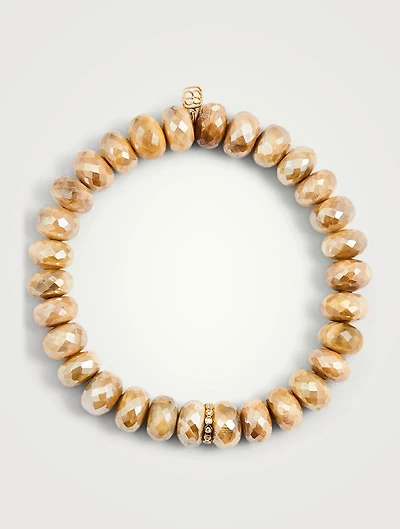 Moonstone Beaded Bracelet With 14K Gold Diamond Bezel Charm