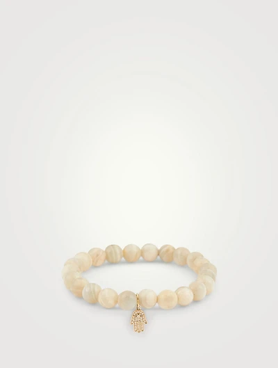 Moonstone Beaded Bracelet With 14K Gold Diamond Hamsa Charm