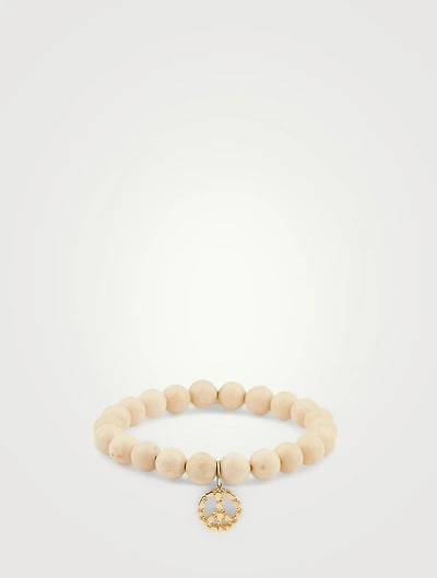 Coral Beaded Bracelet With 14K Gold Peace Sign Charm