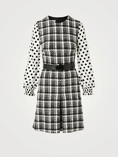 Tweed Dress With Swiss Dot Sleeve