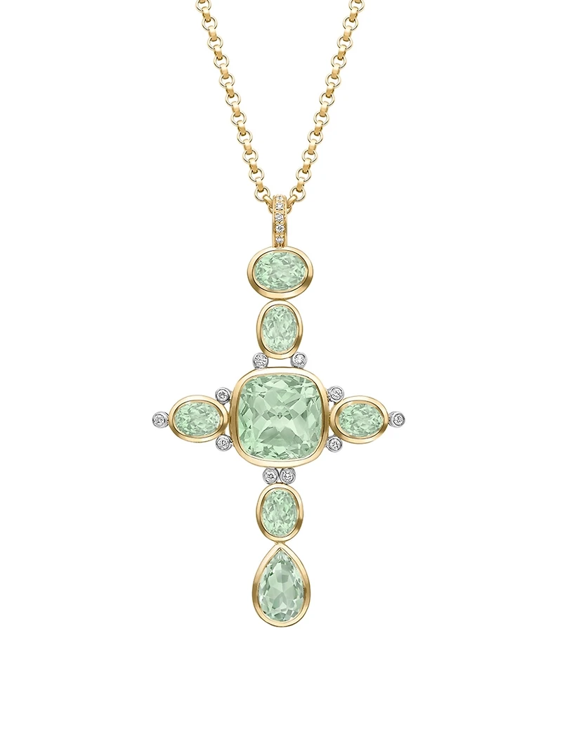 Special Edition 18K Gold Cross Pendant Necklace With Green Amethyst And Diamonds