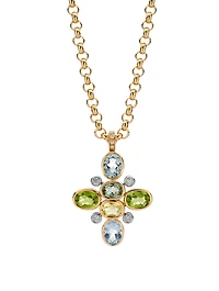 Kiki Classics 18K Gold Cross Oval Pendant Necklace With Multicolour Stones And Diamonds