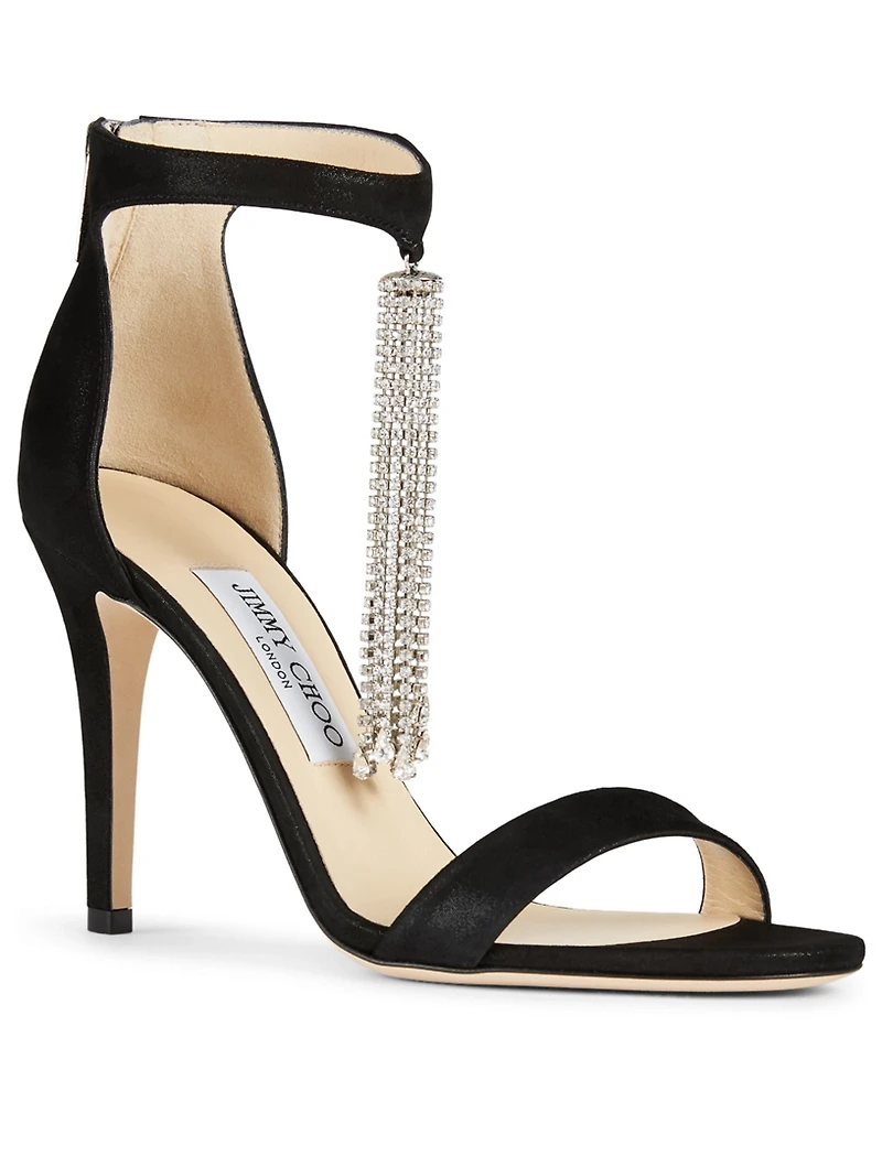 Viola 100 Shimmer Suede Heeled Sandals With Crystal Chandelier