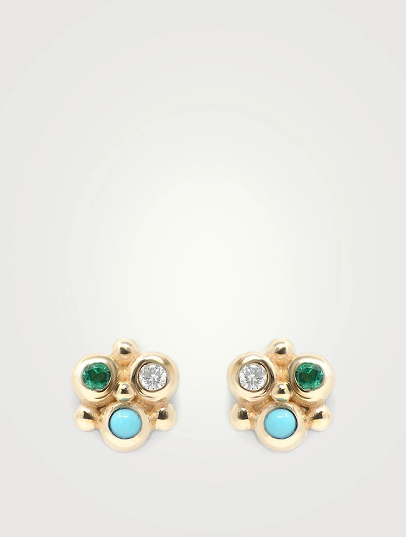 Dew Drop Gold Mini Fleur Earrings With Turquoise, Emerald And Diamonds