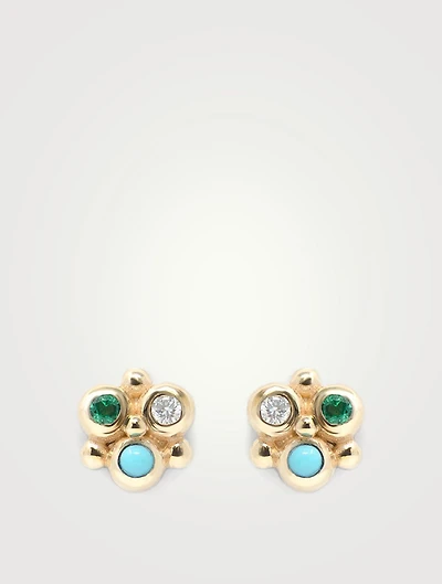 Dew Drop Gold Mini Fleur Earrings With Turquoise, Emerald And Diamonds