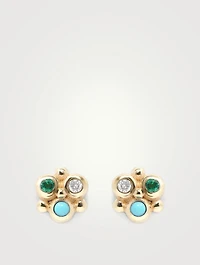 Dew Drop Gold Mini Fleur Earrings With Turquoise, Emerald And Diamonds