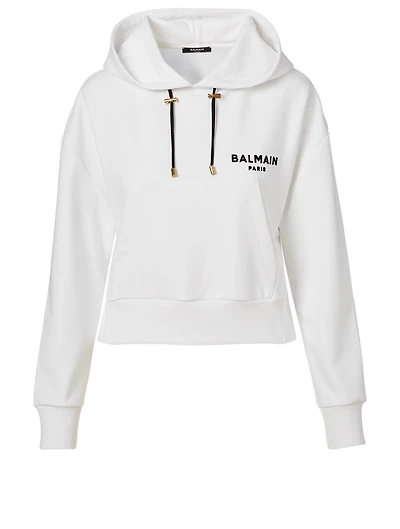 Cotton Flocked Logo Cropped Hoodie