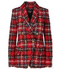Double-Breasted Tweed Blazer Tartan Print