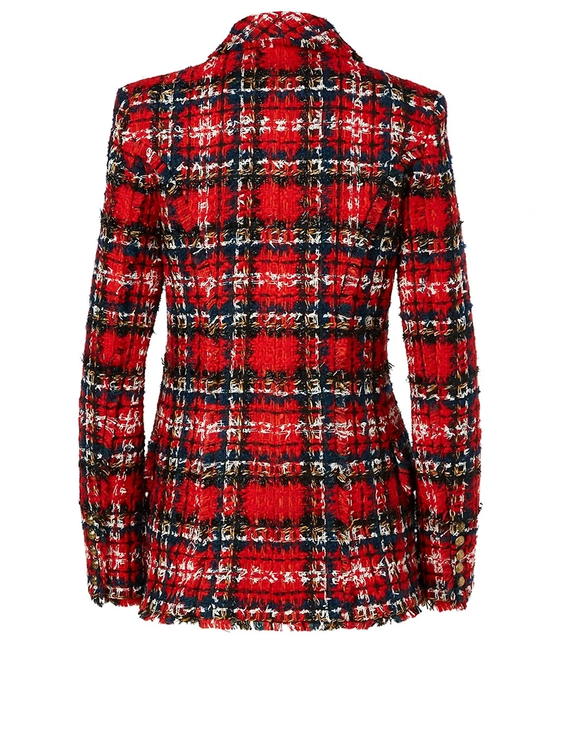 Double-Breasted Tweed Blazer Tartan Print