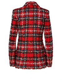 Double-Breasted Tweed Blazer Tartan Print