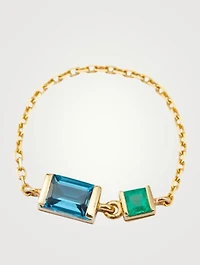 18K Gold Chain Ring With Topaz And Emerald