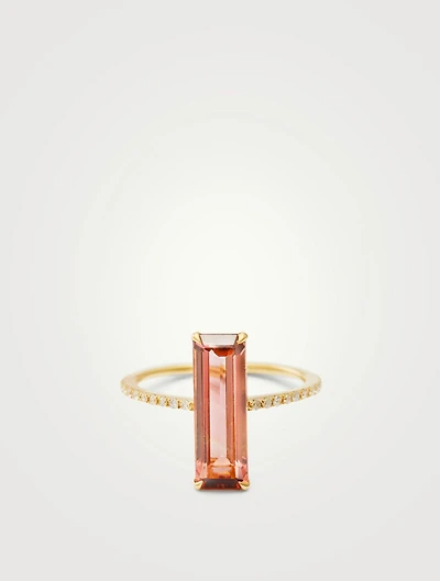 18K Gold Pink Tourmaline Bar Ring With Diamonds