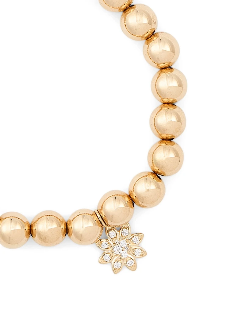 14K Gold Beaded Bracelet With Diamond Flower Charm