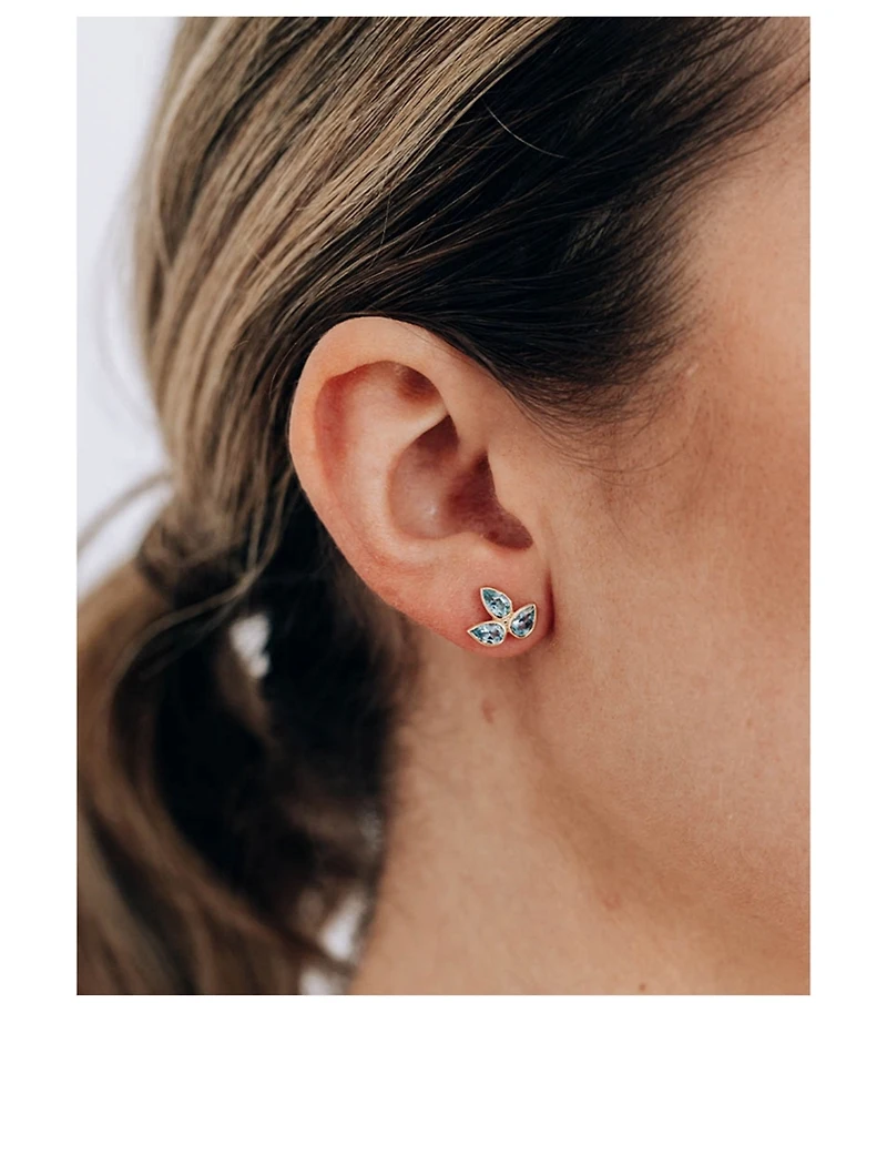 Bouquet 14K Gold Fleur de Lis Stud Earrings With Blue Topaz