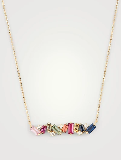 Rainbow Fireworks 18K Gold Bar Necklace With Diamonds And Sapphires