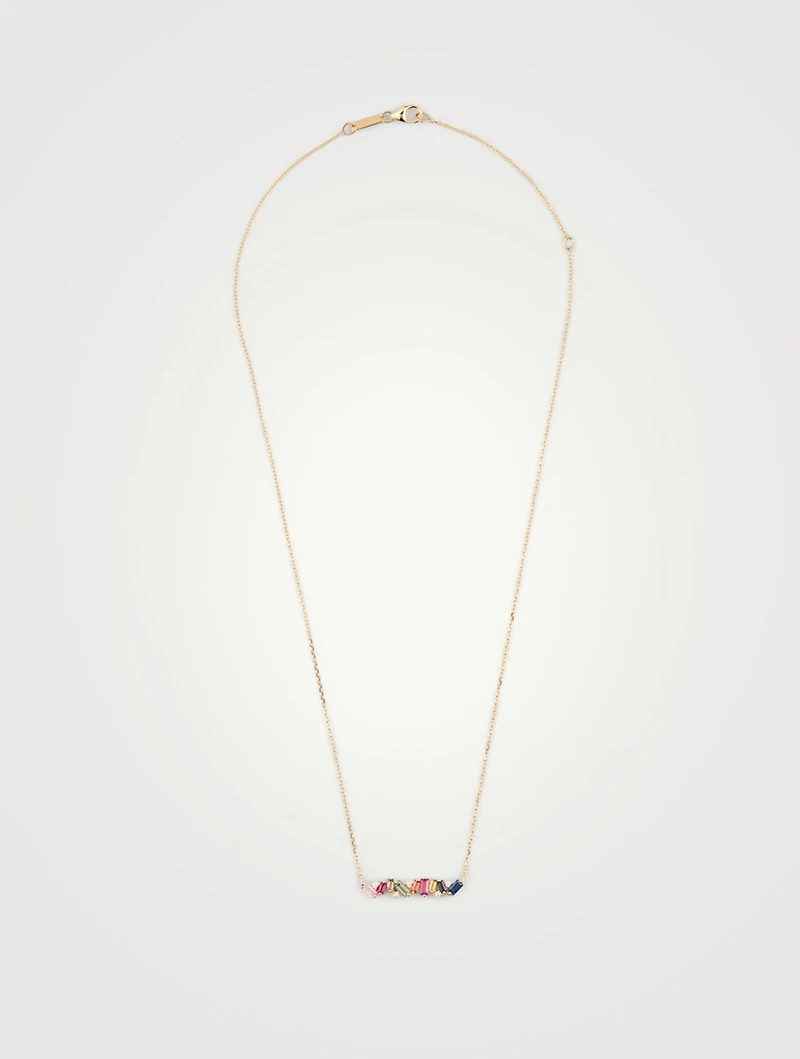 Rainbow Fireworks 18K Gold Bar Necklace With Diamonds And Sapphires