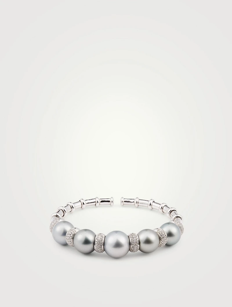 18K White Gold Bangle Bracelet With Tahitian Pearl And Diamonds