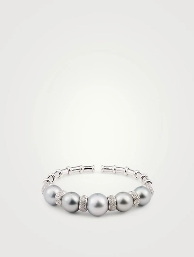 18K White Gold Bangle Bracelet With Tahitian Pearl And Diamonds
