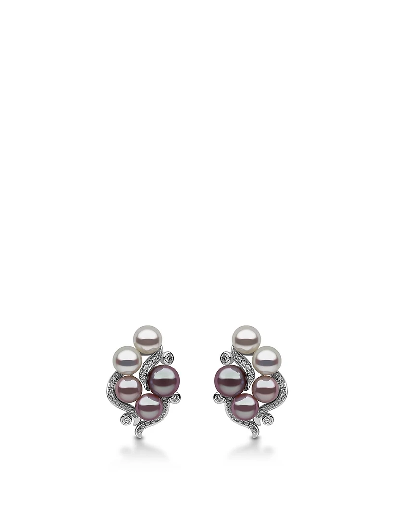 18K White Gold Multi Pearl Earrings With Diamonds
