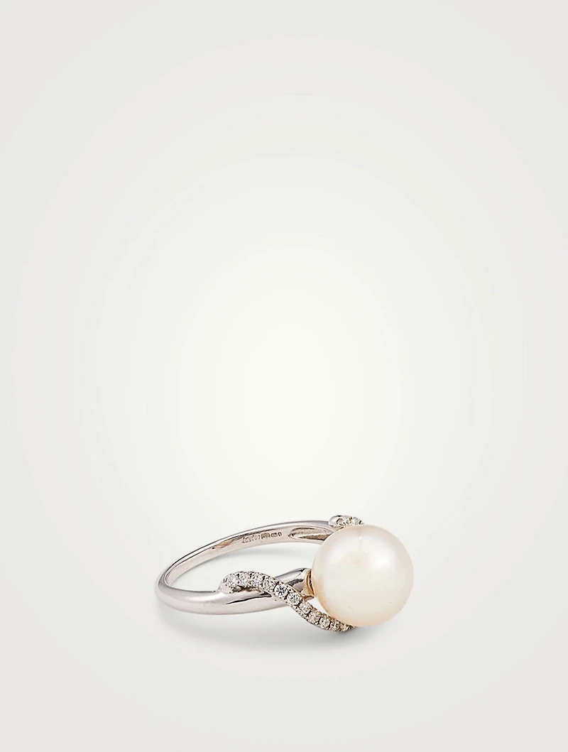 18K White Gold Akoya Pearl Ring With Diamonds