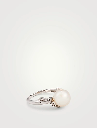18K White Gold Akoya Pearl Ring With Diamonds