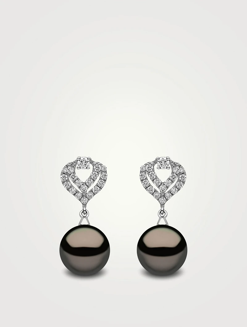 18K White Gold Tahitian Pearl Earrings With Diamonds