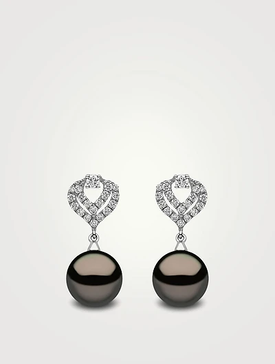 18K White Gold Tahitian Pearl Earrings With Diamonds