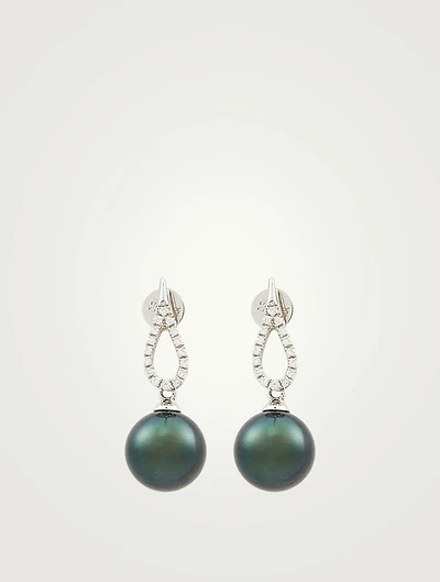 18K White Gold Tahitian Pearl Earrings With Diamonds