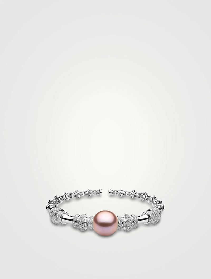 18K White Gold Bangle Bracelet With Pearl And Diamonds