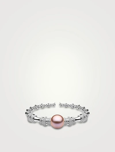 18K White Gold Bangle Bracelet With Pearl And Diamonds